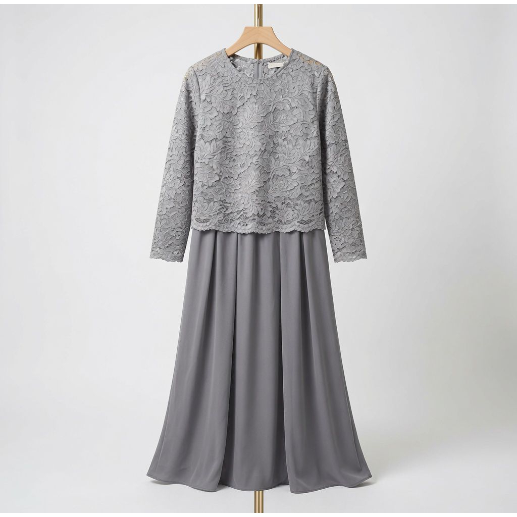 Gamis Brokat Abu-Abu Elegan Wanita Size M | Dress Pesta Muslimah Kombinasi Brokat Premium | Gamis Ko