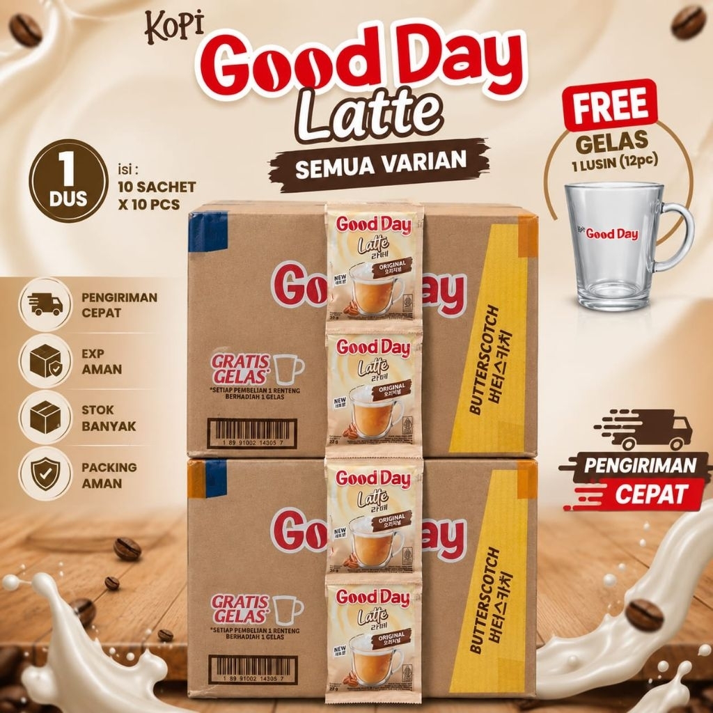 KOPI GOOD DAY LATTE 1 DUS (KARTON) ALL VARIANT  FREE GELAS 1 LUSIN | Gelas Free = No Komplain/Refund