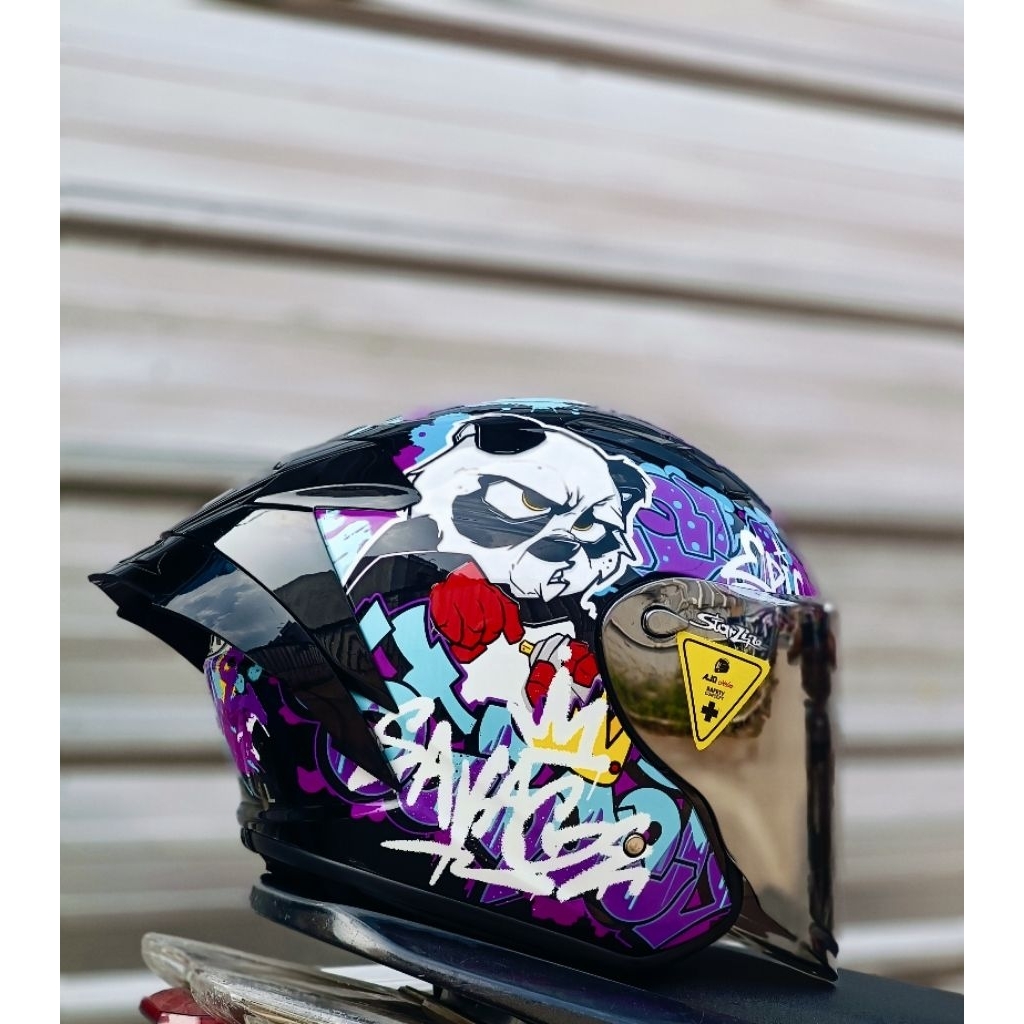 Helm NHK R1 Elite Motif Mural tosca Panda Paket Ganteng Venom Flat Visor With Spoiler Slot Intercom 