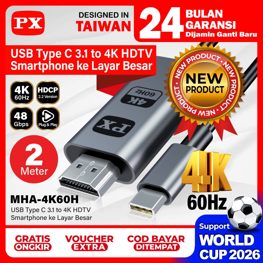 Kabel USB Type C 3.1 to HDMI Converter 4K UHD 60Hz Thunderbolt 4 Kabel HDMI HP ke TV 2M PX MHA-4K60H