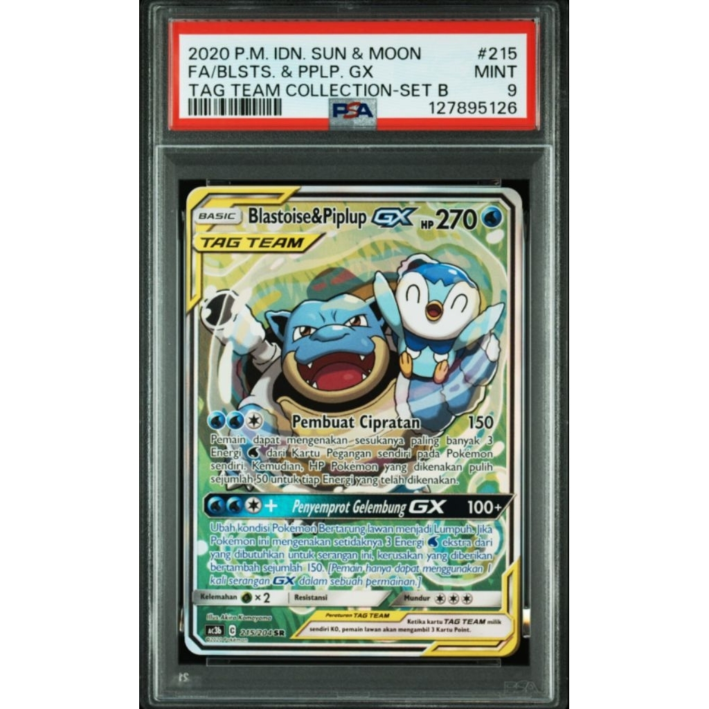 Blastoise & Piplup GX Pokemon TCG Indonesia Tag Team PSA 9