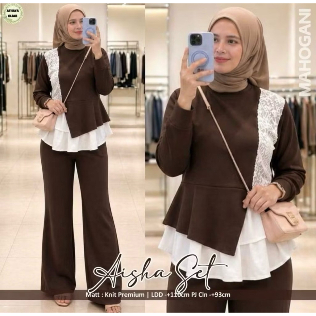 SETELAN WANITA AISHA SET TERBARU BAHAN KNIT PREMIUM ADA BRUKAT
