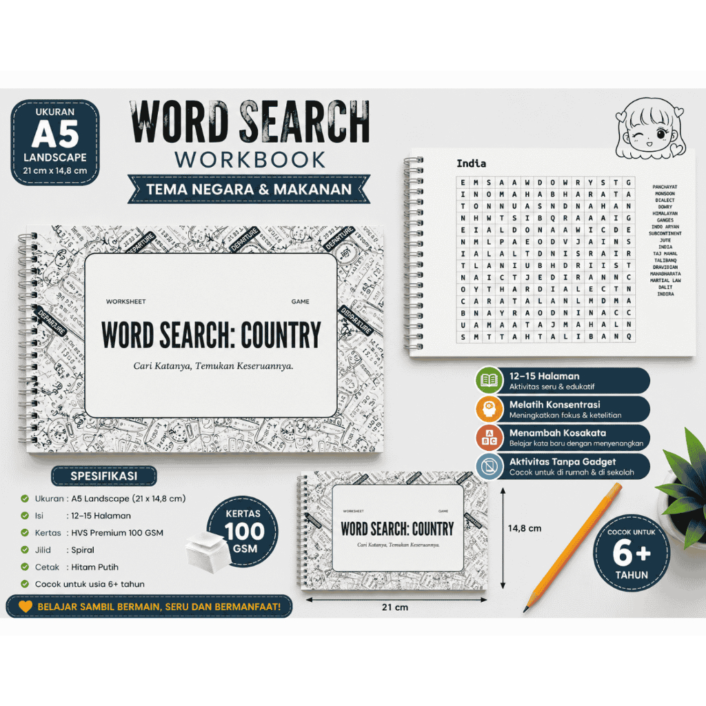 Word Search A5 Buku Aktivitas Anak | Puzzle Cari Kata | 12–15 Halaman | Kertas 100 GSM