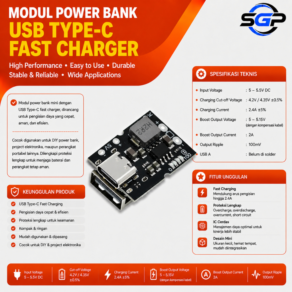 Modul Power Bank USB Type-C Fast Charger Step Up Baterai 18650 Lithium 5V 2A Modul Powerbank Tipe C 