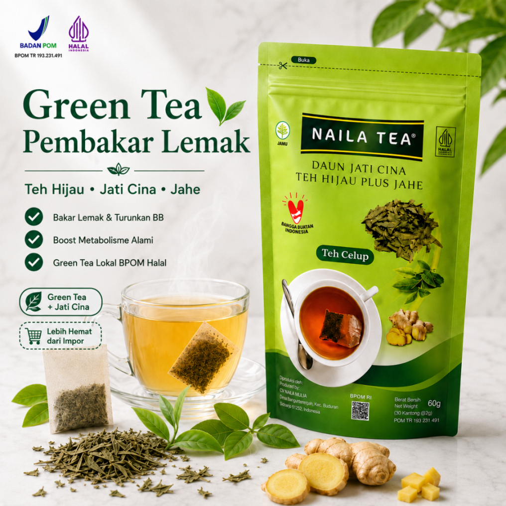 Teh Hijau Jati Cina Green Tea Penurun Berat Badan Naila Tea Slimming Diet BPOM Halal 30 Kantong
