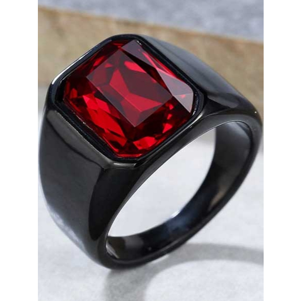 Cincin Pria Batu Ruby Kristal Titanium Baja Hitam Poles | Cincin Fashion Klasik Elegan Kekinian