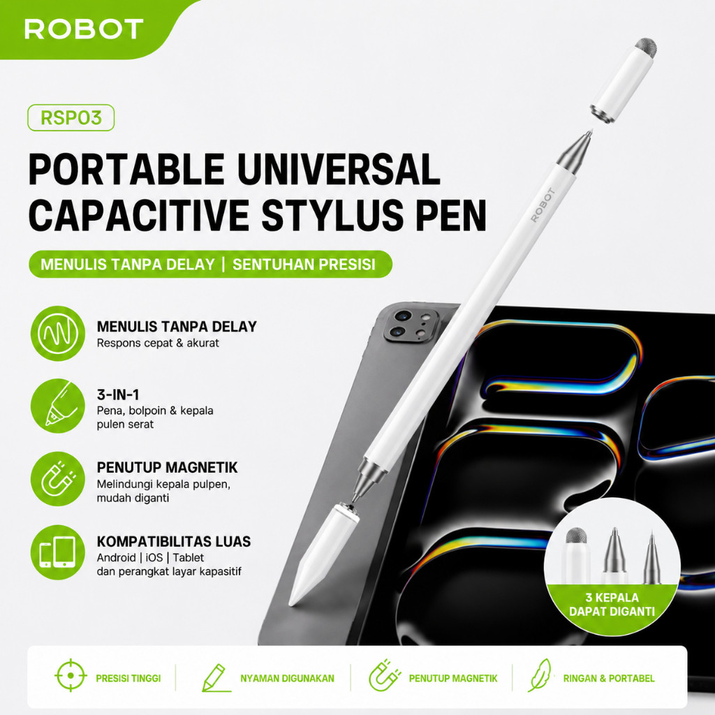 ROBOT Stylus Pen Universal 3 in 1 Compatible Dengan Apple Macbook Stylus Capacitive Pen Android IOS Microsoft Stylus Pen RSP03 Original - Garansi 1 Tahun