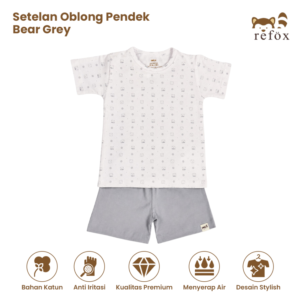Refox Setelan Oblong Baju Celana Pendek Bear Grey