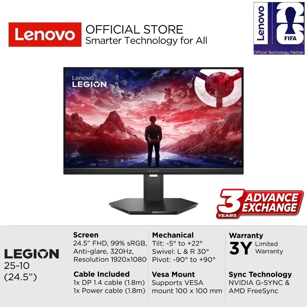 Lenovo Monitor Legion 25-10 320Hz 1920x1080 24.5" NVidia G-SYNC Include Asuransi