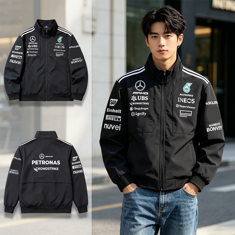 GTY Jaket Vintage Racing Mercedes F1 Pria Premium Jaket Bordir Parasut Windbreaker Waterproof Casual