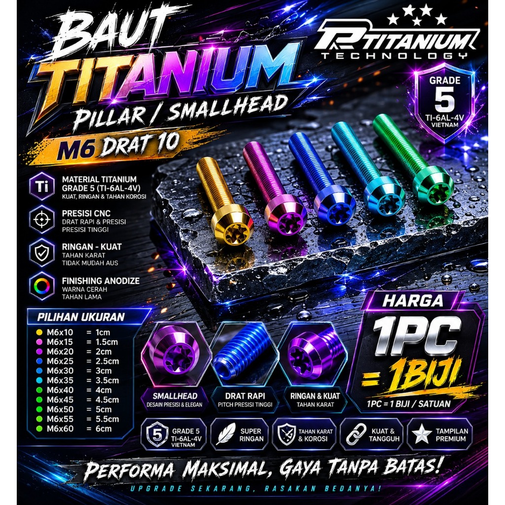 BAUT TITANIUM SMALLHEAD M6 Drat 10  Ori Vietnam Thailand M6X10 M6X15 M6X20 M6X25 M6X30 M6X35 1biji