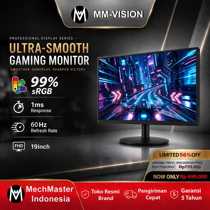 [MM-VISION] LED Monitor 19inch Monitor PC Berkualitas Premium dengan HDMI 1K Tampilan Lengkung 19inc