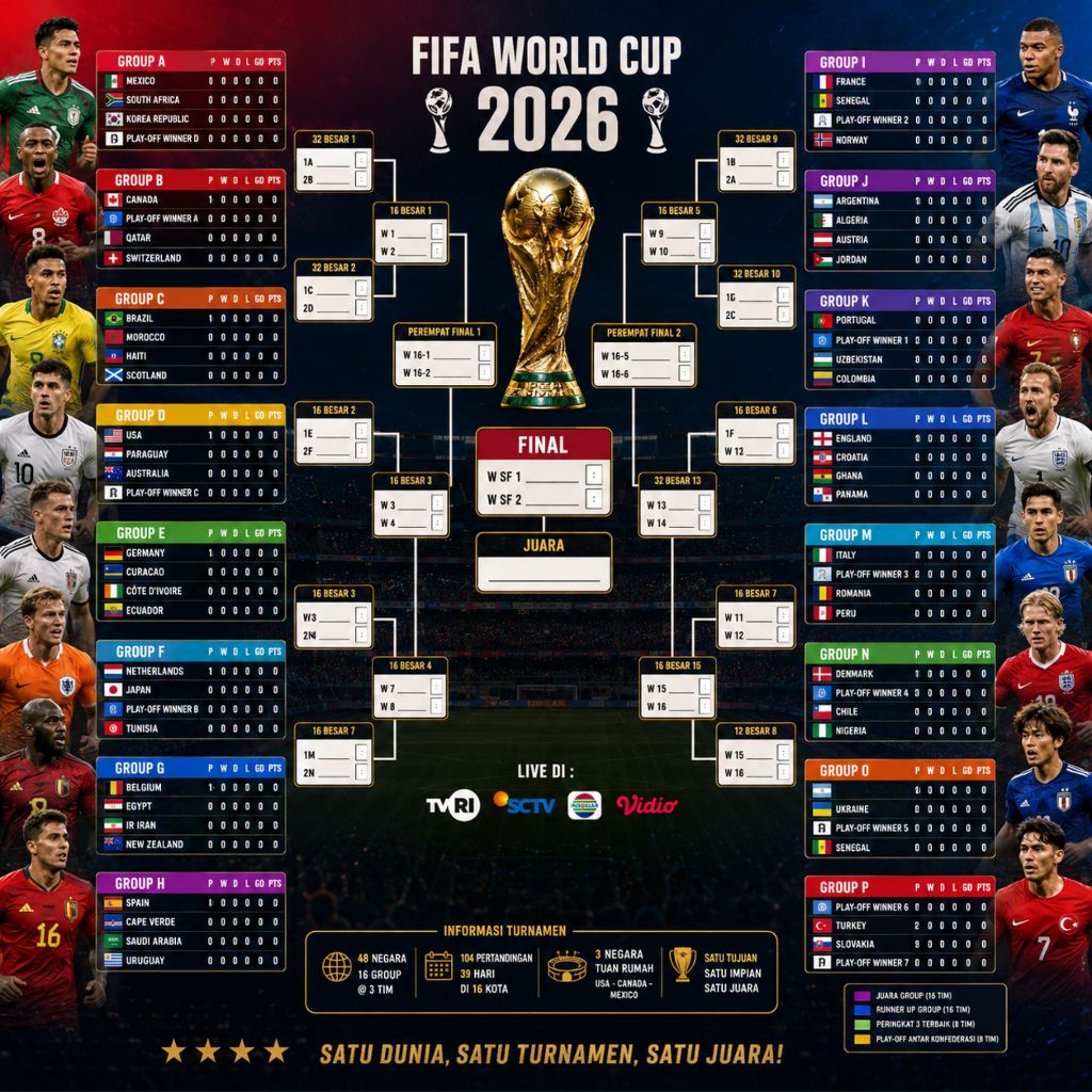 JESHILE COLECTION POSTER JADWAL PIALA DUNIA FIFA WORLD CUP 2026 A3+, 1m x 1m, 2m x 1m