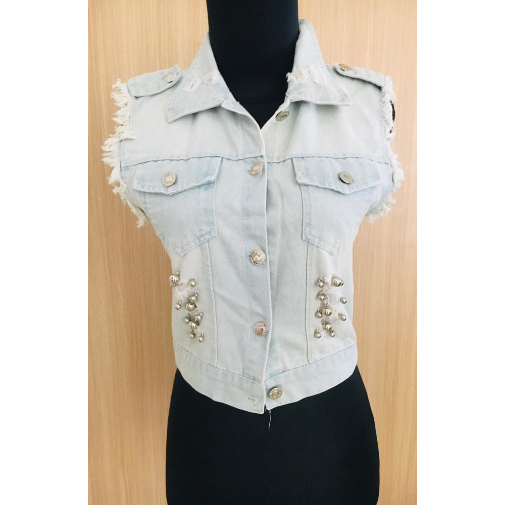 Kemeja Rompi Jeans Tanpa Lengan Crop Top