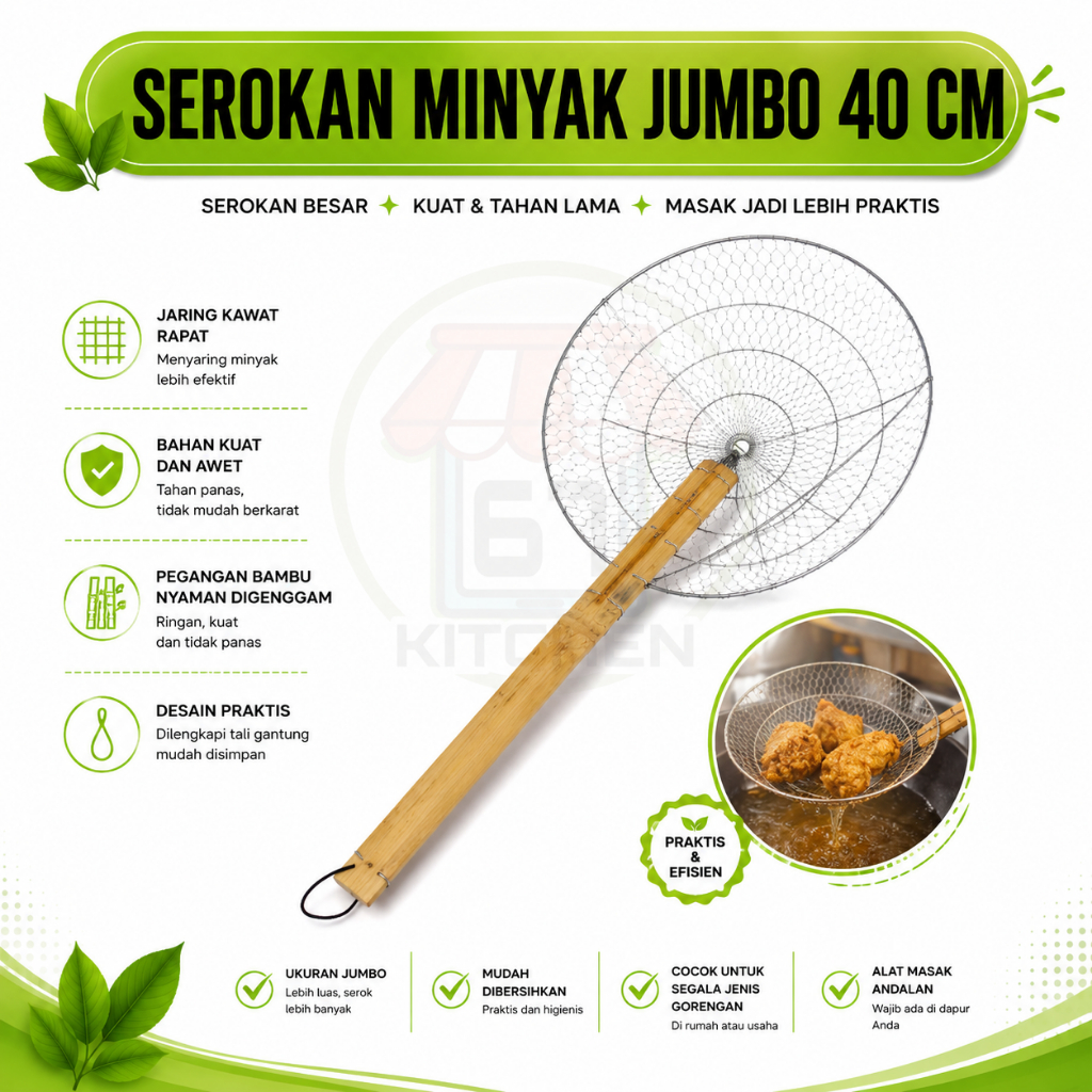 SEROKAN JUMBO GAGANG BAMBU 40 CM/ SEROKAN PENGGORENGAN JUMBO/ SARINGAN PENGGORENGAN BESAR 40CM/ TIRI