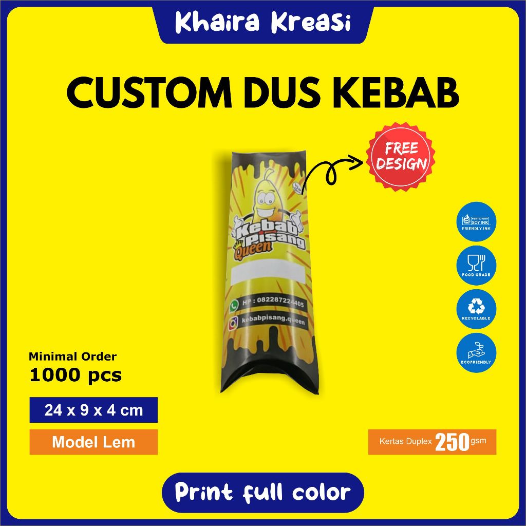Cetak Custom Dus Kebab / Kotak Kebab / Bungkus Kebab / Ukuran 24x9 cm Minimal 1000 Pcs / Cetak Full 
