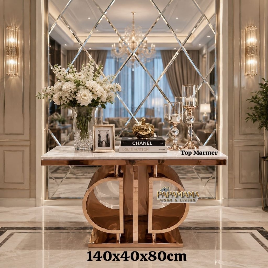 Meja Konsul Dior Import Mewah - Top Table Marmer - Stainless Rose Gold - 140x40x80cm - Fayer Table