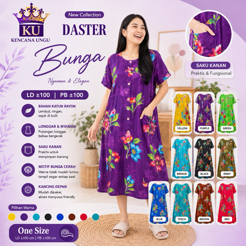 Daster Kencana Ungu Original Label Biru Lengan Pendek Wanita Kekinian Rayon Premium KUB DS01 110601 