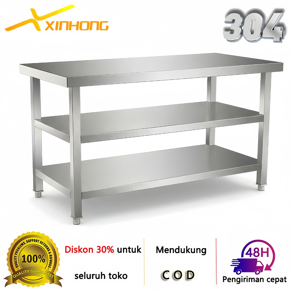 Xinhong Meja Stainless Steel  3 Tingkat Meja Kerja Dapur Rak Baja tahan karat 2 lapis 150X60X80cm
