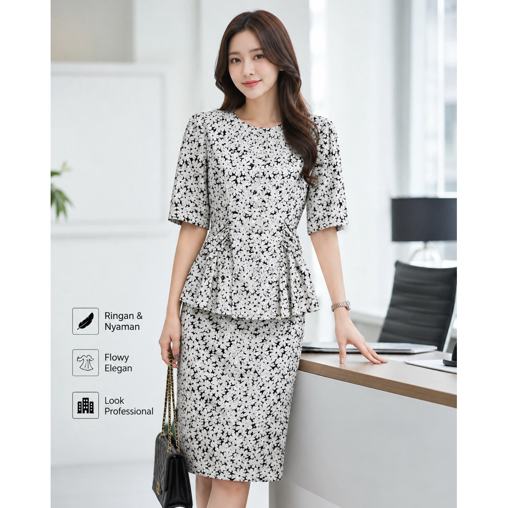 Dress Peplum Wanita Motif Bunga Hitam Putih Korea LD 100