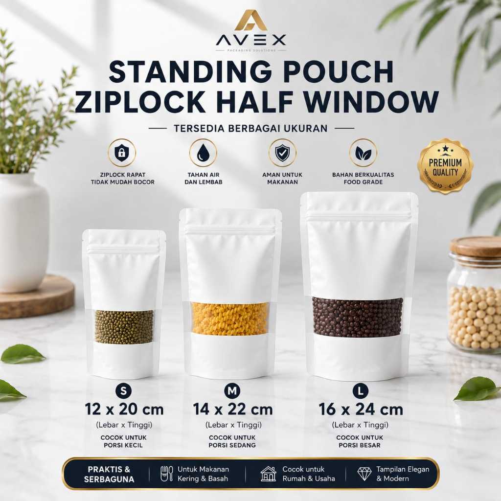 Kemasan Makanan Standing Pouch Ziplock Window Kemasan Snack dan Makanan Termurah Satuan Desain Premi