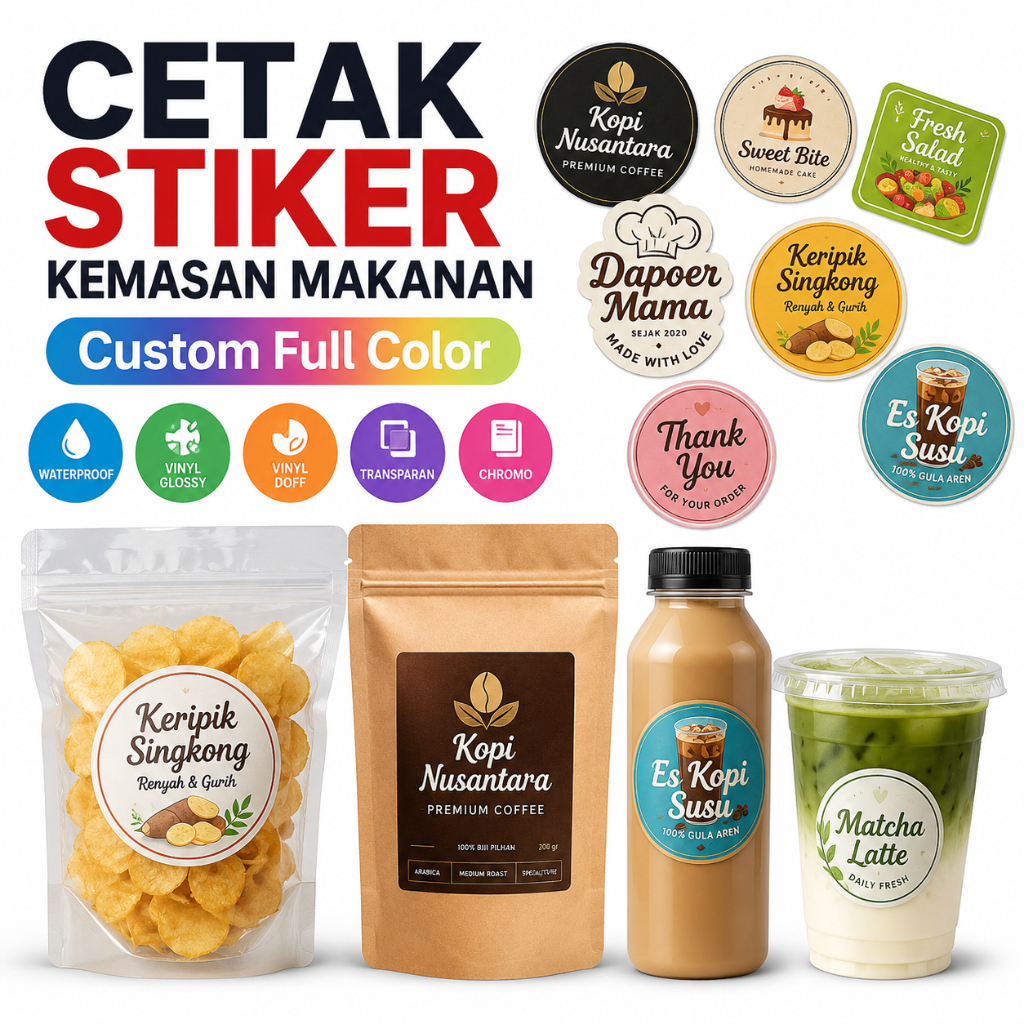 Cetak Stiker Kemasan Makanan Custom Label Produk UMKM Vinyl Glossy Doff Transparan Full Color