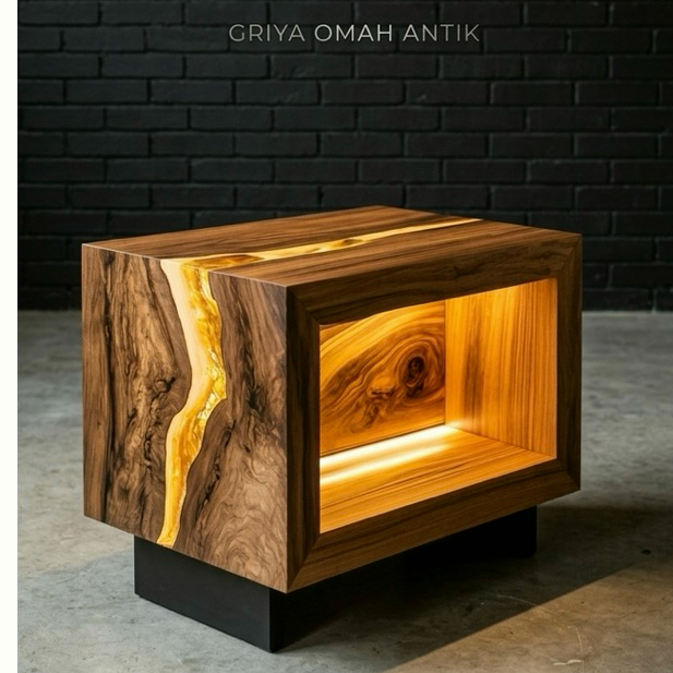 Side Table Kayu Resin Premium | Meja Samping Sofa Minimalis | Handmade Solid Wood Meja Sudut Kayu Re