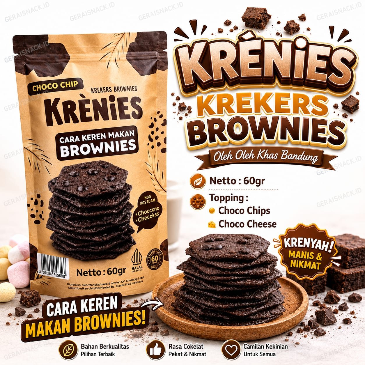 Krenies Brownies Kering Tipis Crunchy Cemilan Keluarga Khas Bandung 60g
