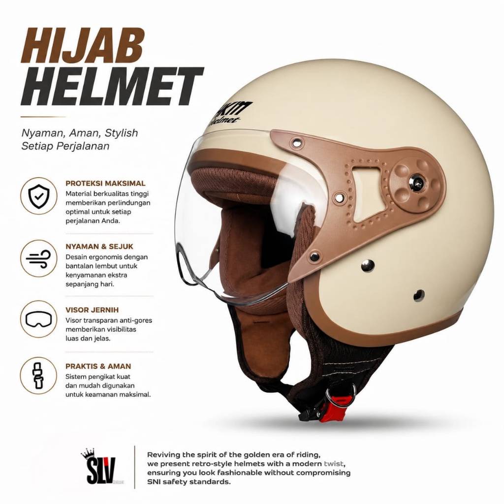 HELM HIJAB HKM PILOT SNI ORIGINAL HELM BOGO RETRO HIJAB FRENDLY CREAM PREMIUM HIJAB HELMET DEWASA