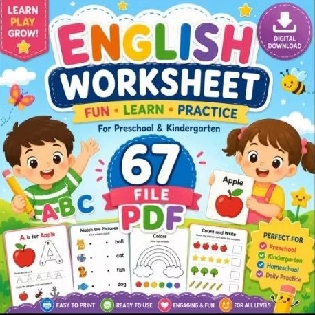 English Worksheet Anak TK PDF | 67 Lembar Aktivitas Belajar Bahasa Inggris | Printable Preschool & K