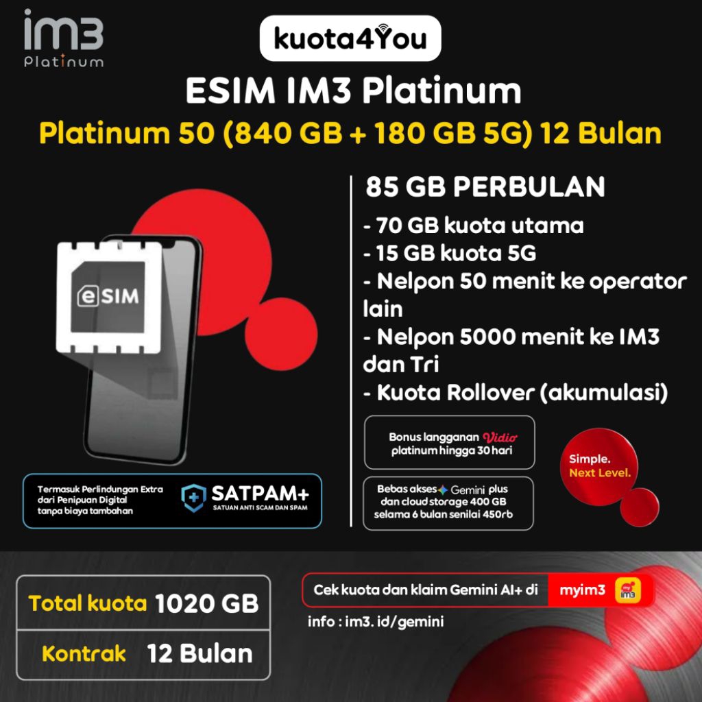 ESIM Indosat IM3 Platinum 50 dan Platinum SATU