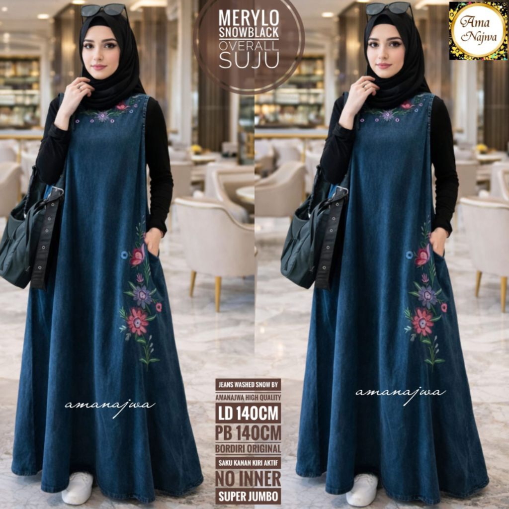 OVERALL DENIM BORDIR BUNGA / DRESS KUTUNG DENIM / DRESS DENIM JUMBO / AMA NAJWA