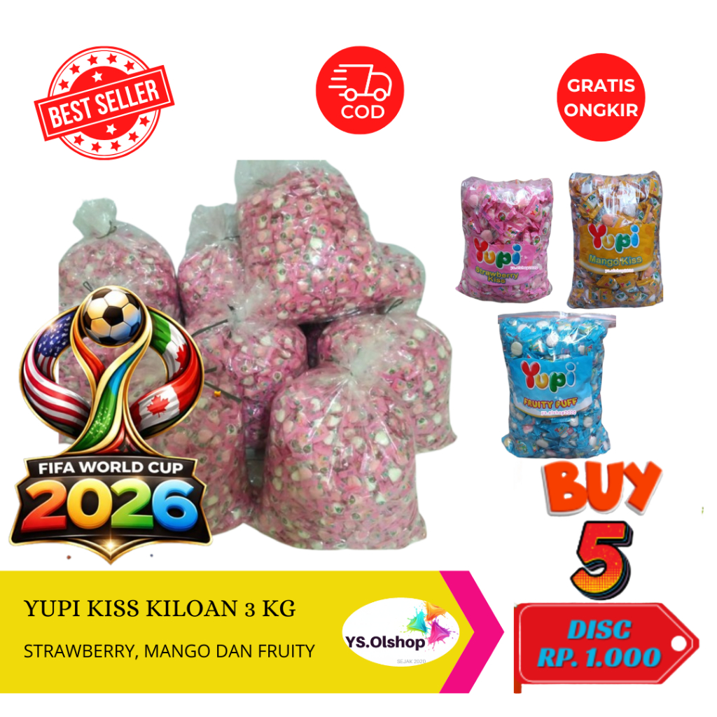 Yupi 1 Ball isi 3Kg Yupi kiss Strawberry, Mango Kiss & Fruity Puff Kiloan asli Pabrik