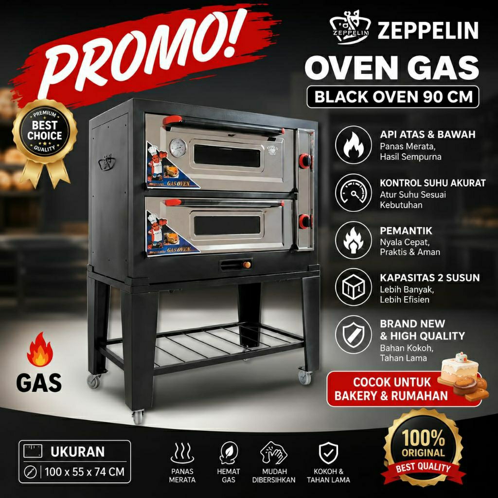 OVEN GAS ZEPPELIN BLACK OVEN PEMANTIK LOYANG 90 CM
