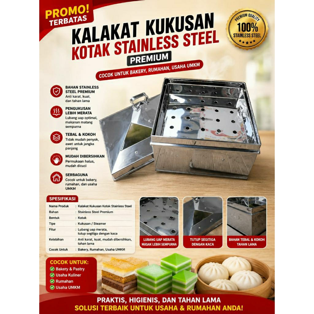 KUKUSAN KALAKAT KOTAK UKURAN 45 CM STAINLESS