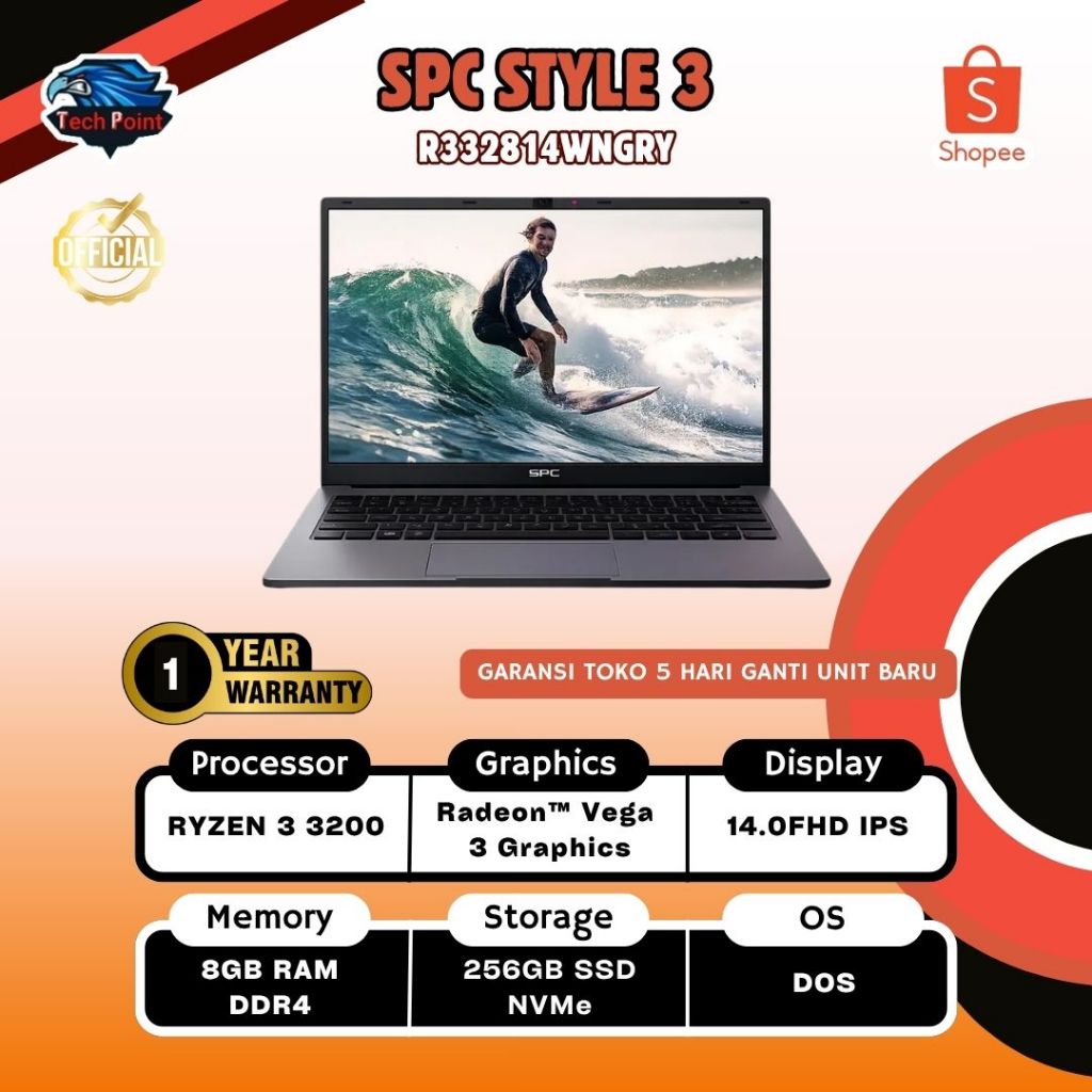 SPC STYLE 3 RYZEN 3 3200 8GB 256GB DOS 14.0FHD IPS BLIT