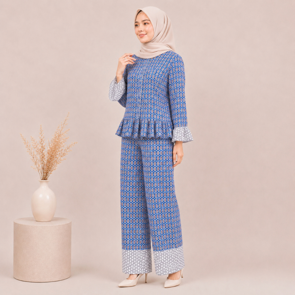ADDISHA Set Rayon Setelan Baju Muslim Kekinian Piyama Baju Tidur - Kezara Biru Geo