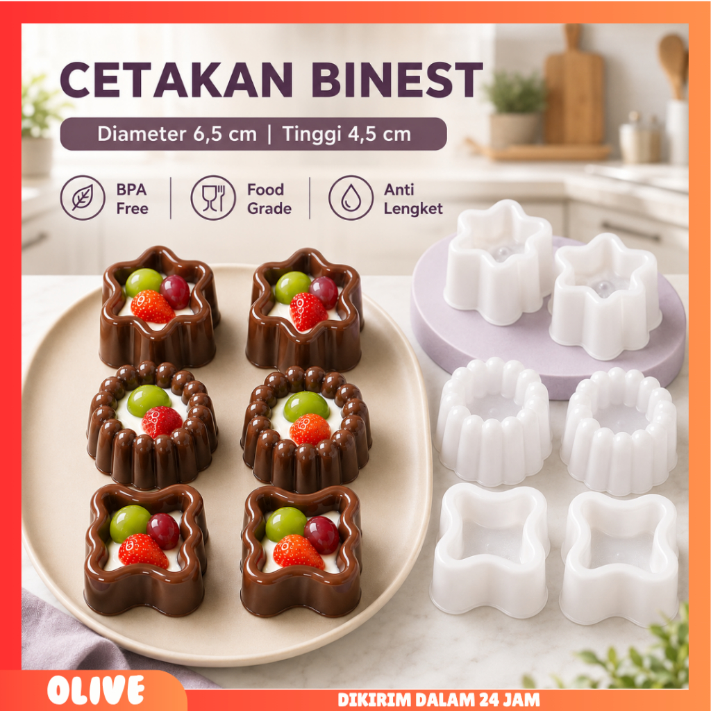[Isi 12] Cetakan Kue Kotak Bintang Bunga BINEST Set Plastik 6.5 cm / Cetakan Puding Pudding Agar Age
