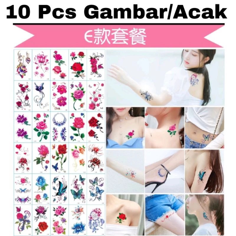 (COD) Paket 10 Lembar Tato Temporer SERI E BUNGA Tattoo Gambar Motif Acak Random size 6*10cm