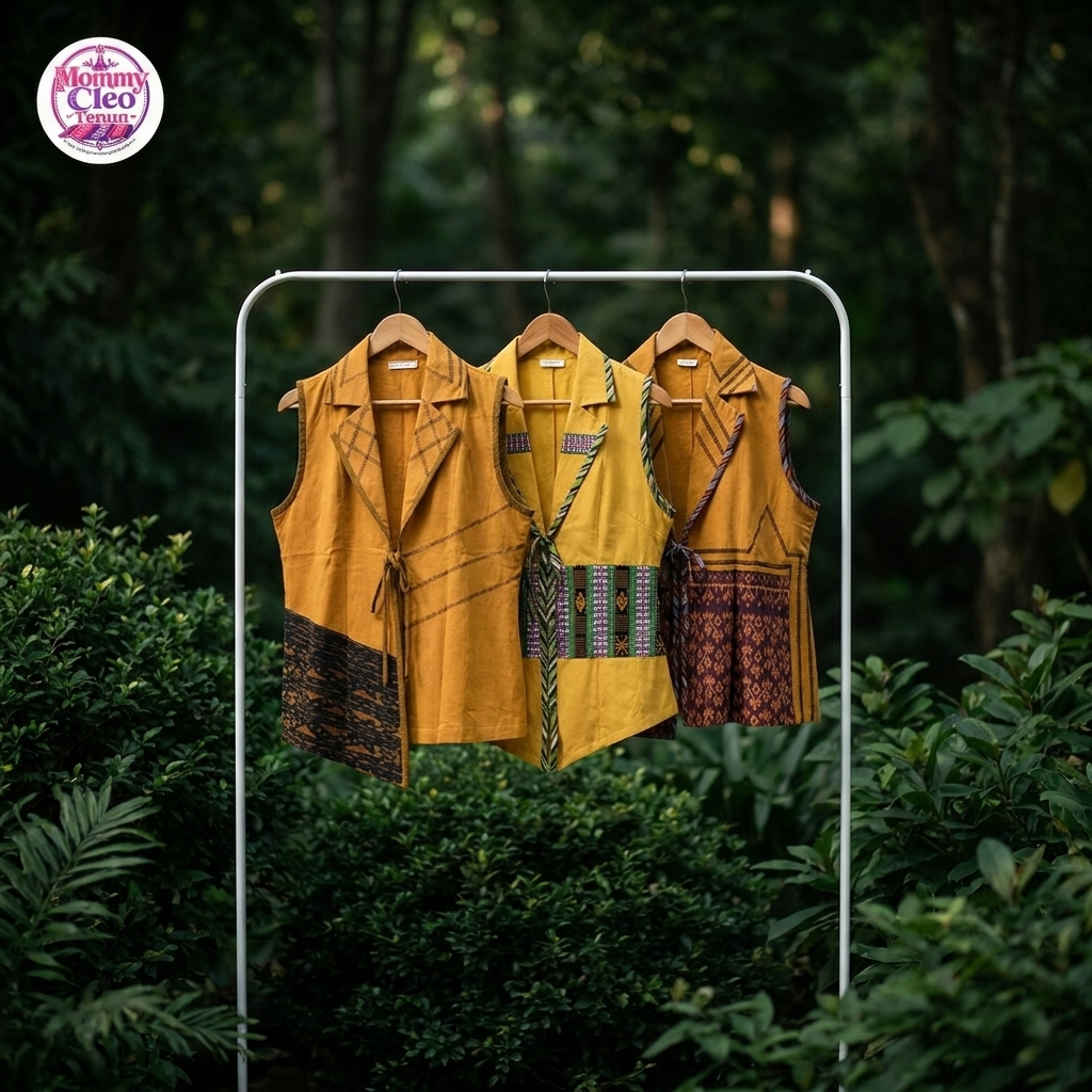 Mommy Cleo Vest Rompi Etnik Wanita Tenun NTT - Kuning Mustard Panel Ikat Multicolor