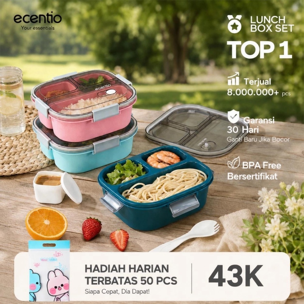 [Versi 2.0] ecentio Kotak Makan 3 Sekat 1100ML Lunch Box Anti Bocor Anti Tumpah BPA Free Tempat Beka