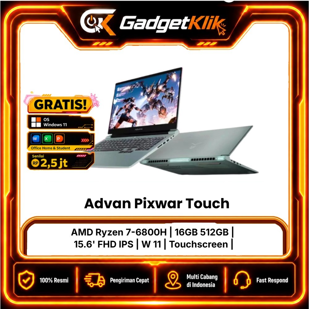 ADVAN Gaming Pixwar Touchscreen AMD Ryzen 7 6800H 16GB 512GB 15.6 Inch FHD Laptop Touchscreen Origin