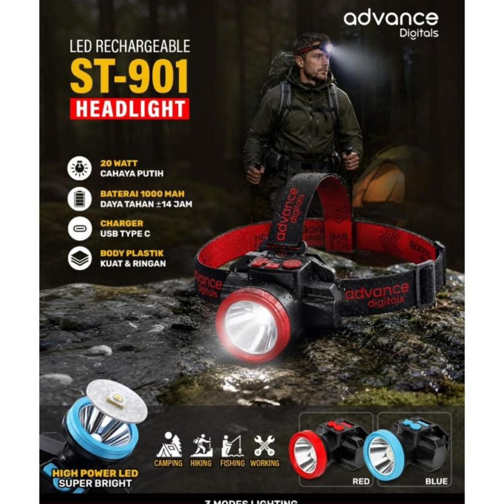 Senter Kepala Advance ST-901 Headlamp LED Cas USB 20 Watt Lampu Kepala Outdoor 1000mAh