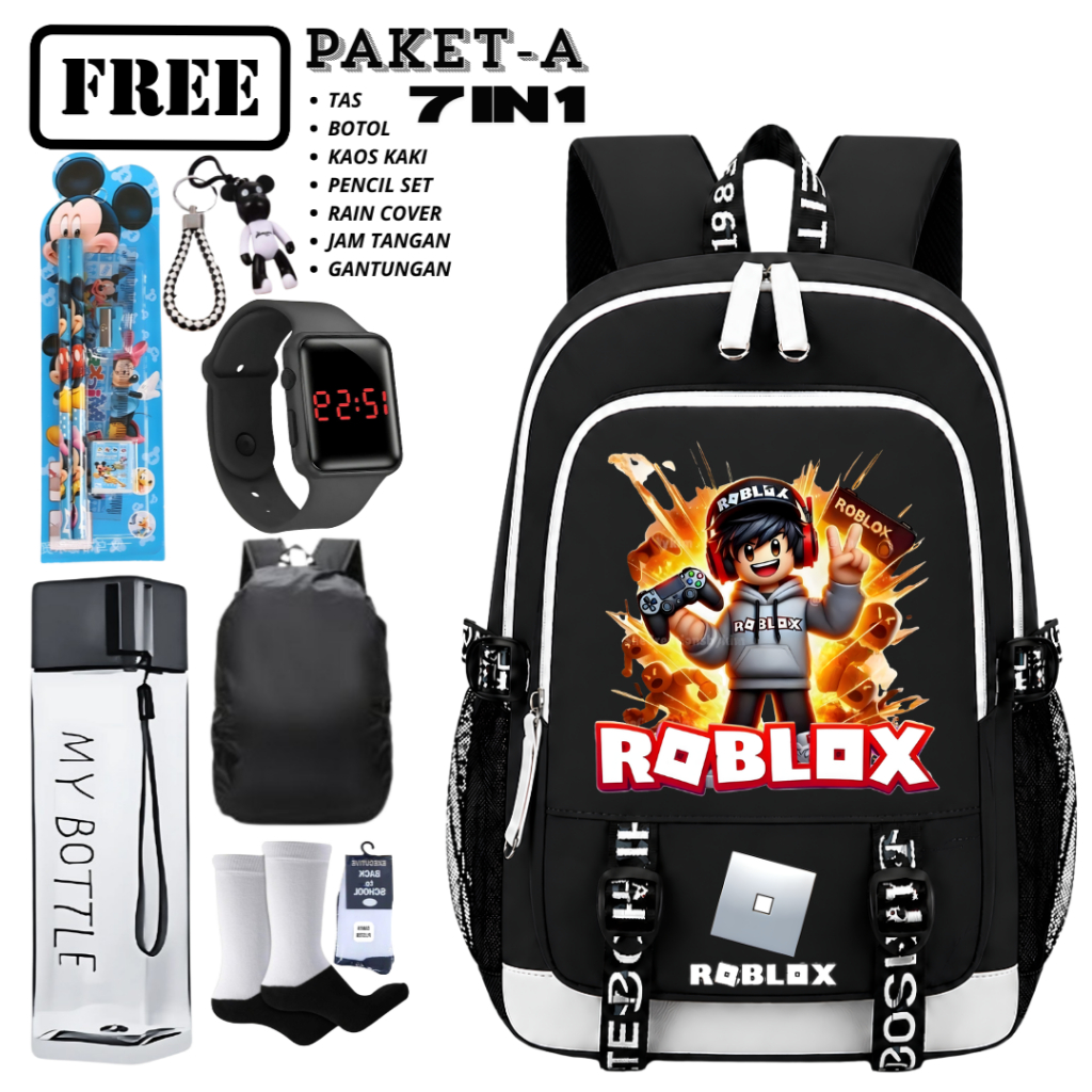 Tas Ransel Roblox Fire Hitam Putih Dengan 7 In 1 Bonus Botol, Jam, Kaos Kaki, Gantungan