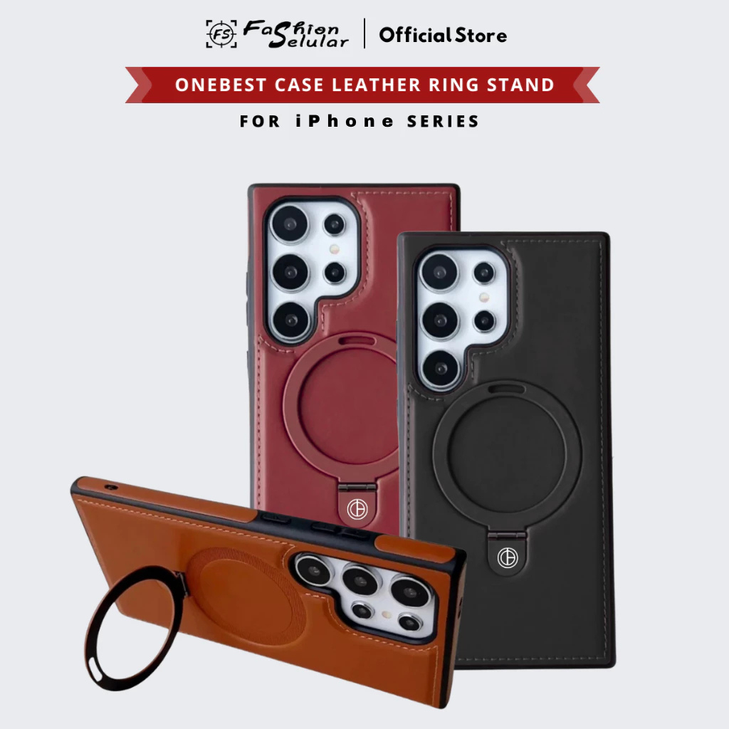 OneBest Case Kulit Magsafe iPhone 14 Pro Max | 15 Pro | 15 Pro Max | 16 | 16E Leather Ring Stand