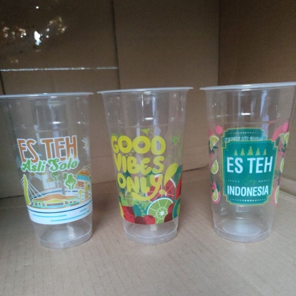 ( ISI 50 PCS ) GELAS PRINTING DATAR 22 OZ ES TEH INDONESIA , GOOD VIBES , ES TEH SOLO