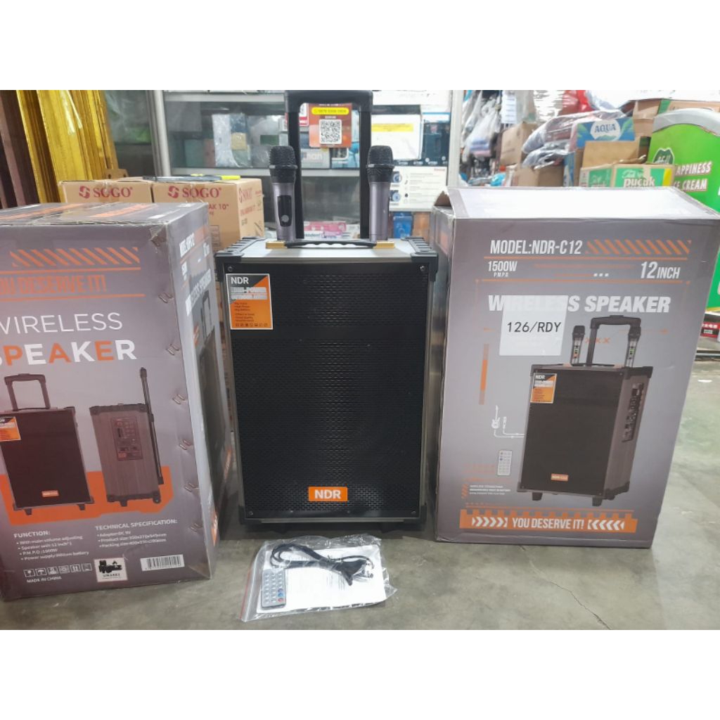 speaker bluetooth ndr c12 ukuran 12 inchi 2 mic wireless 
1500w pmpo
merk NDR