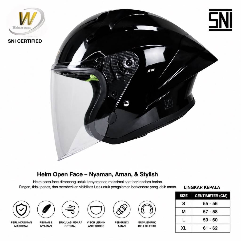Helm Half Face HKM jp16 hkm zr16 Hitam Glosy SNI  ORIGINAL helm hkm terbaru kaca clear dewasa pria d