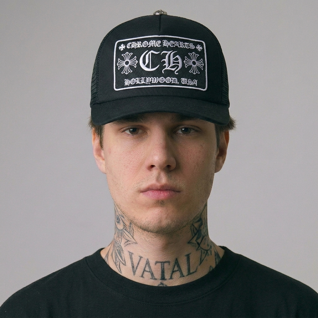 CHROME HEARTS BLACK CH Embos 3D Hat - Topi Trucker Pria Premium  | Topi Jaring Nyaman Dipakai Bordir