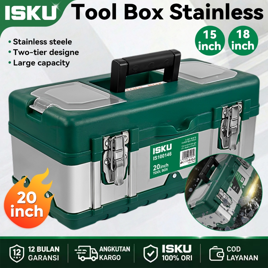 ISKU Tool Box Stainless/Kotak Perkakas 20'' Kuat 2 Tingkat Tool Kit Toolbox Alat Perkakas Tool Box
